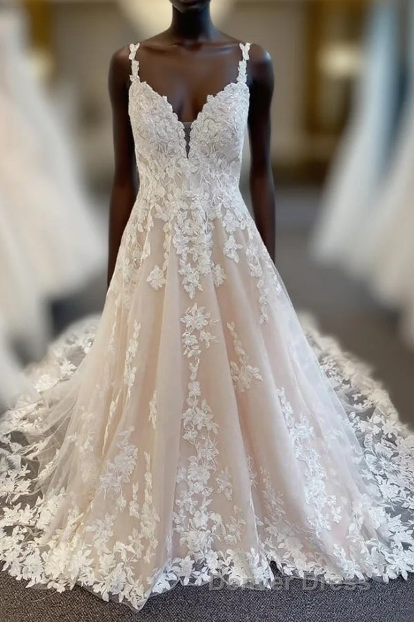 Ivory V-Neck Appliqued Long Wedding Dresses Main image