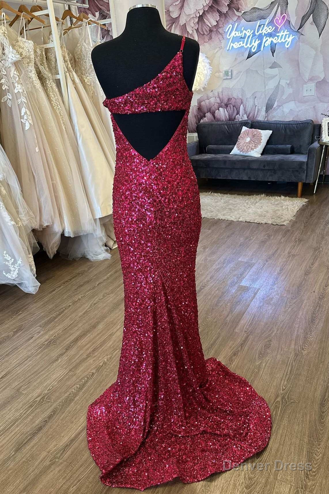 Sequins One-Shoulder Cutout Back Mermaid Long Prom Dress with Slit Secondary image