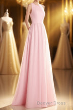 Pink Chiffon Halter Cutout Back A Line Long Bridesmaid Dresses