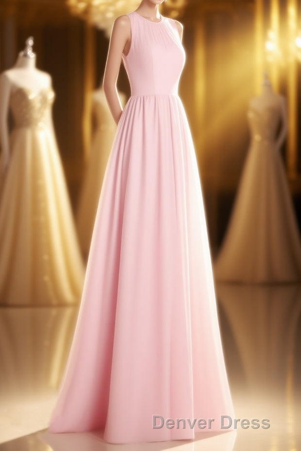 Pink Chiffon Halter Cutout Back A Line Long Bridesmaid Dresses
