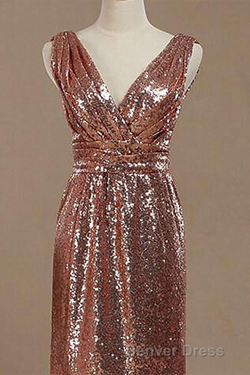 Rose Gold Sequin V Neck Backless Short Bridesmaid Dresses