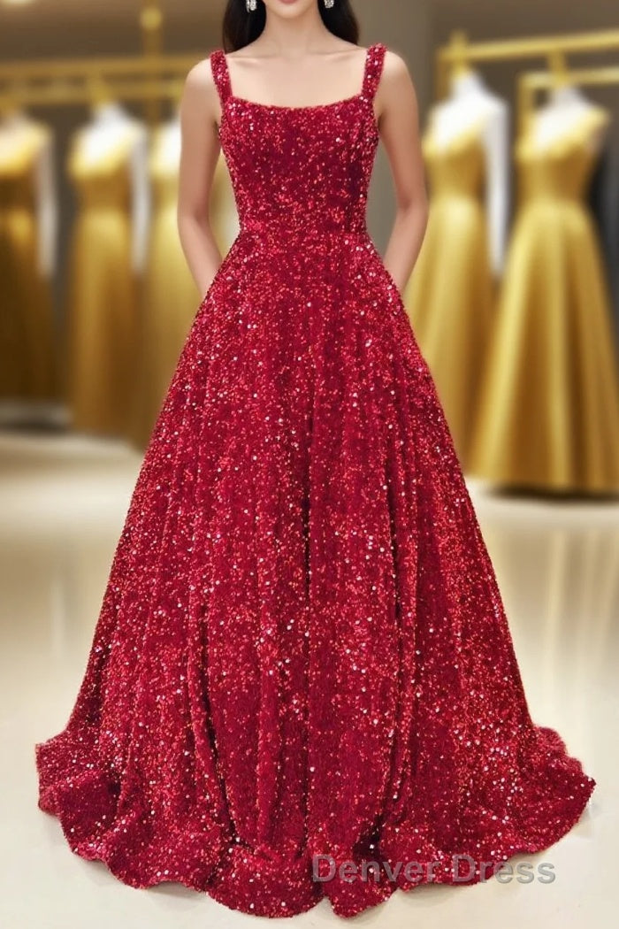 Red Sequin Square Neck Backless A-Line Long Prom Gown Main image