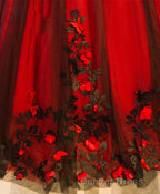 Burgundy Round Neck Tulle Lace Applique Long Prom Dresses, Burgundy Evening Dresses