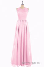 Pink Chiffon Halter Cutout Back A Line Long Bridesmaid Dresses