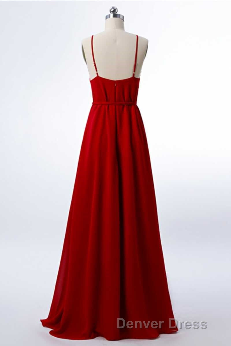 Red Chiffon Spaghetti Straps Backless A Line Bridesmaid Dresses with Slit