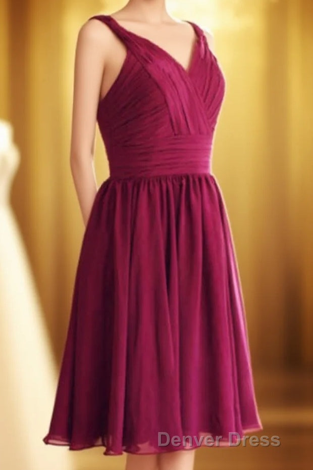 Magenta V Neck Straps A Line Short Bridesmaid Dresses Main image