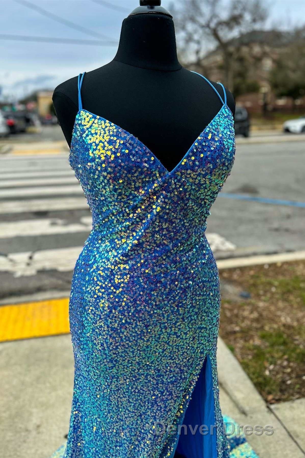 Purple Iridescent Sequin Empire Waist Lace-Up Mermaid Long Dresses with Slit