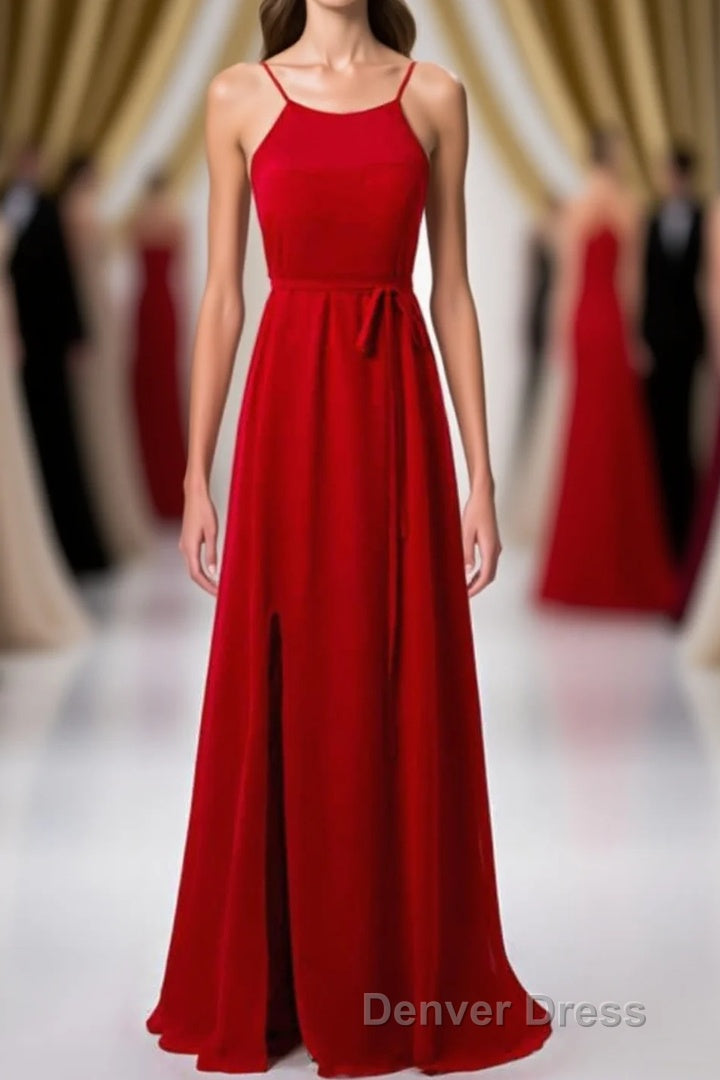 Red Chiffon Spaghetti Straps Backless A-Line Bridesmaid Dresses with Slit Main image