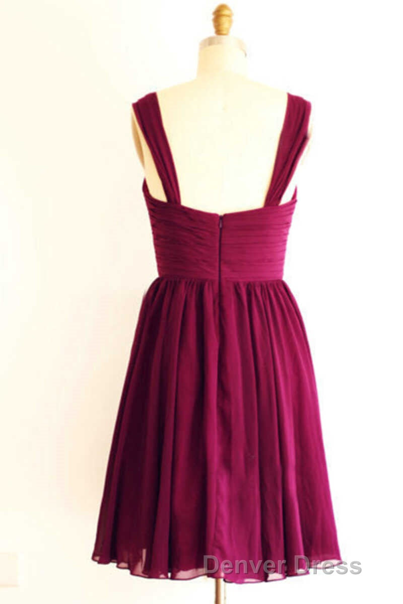 Magenta V Neck Straps A Line Short Bridesmaid Dresses