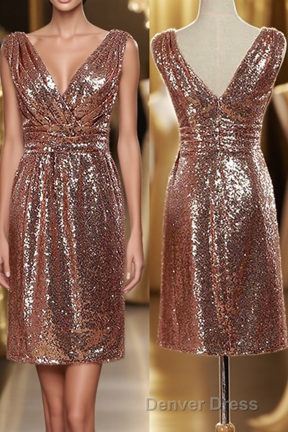 Rose Gold Sequin V Neck Backless Short Bridesmaid Dresses