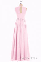 Pink Chiffon Halter Cutout Back A Line Long Bridesmaid Dresses