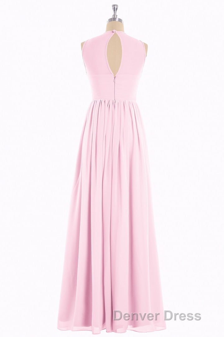 Pink Chiffon Halter Cutout Back A Line Long Bridesmaid Dresses