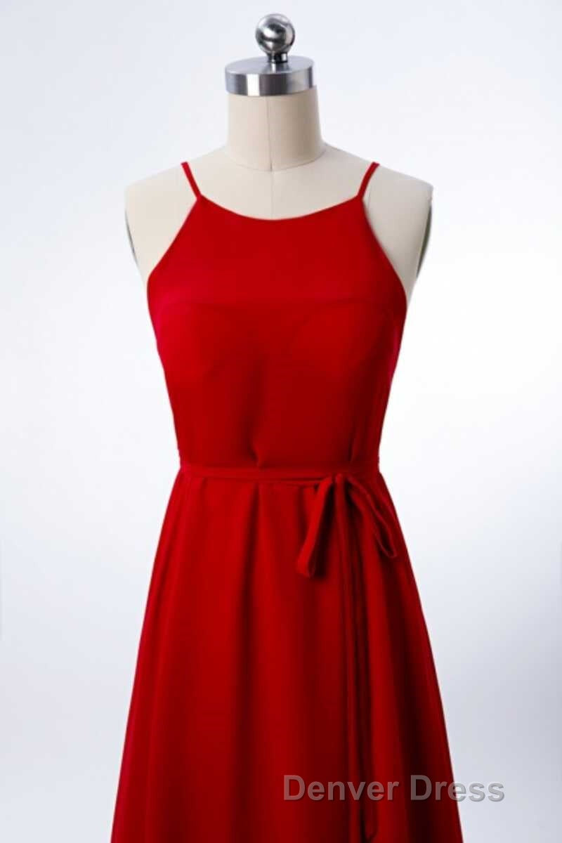 Red Chiffon Spaghetti Straps Backless A Line Bridesmaid Dresses with Slit