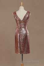 Rose Gold Sequin V-Neck Backless Short Bridesmaid Dresses