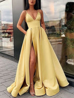Simple A Line V Neck Satin Long Prom Dress Satin Prom Dresses