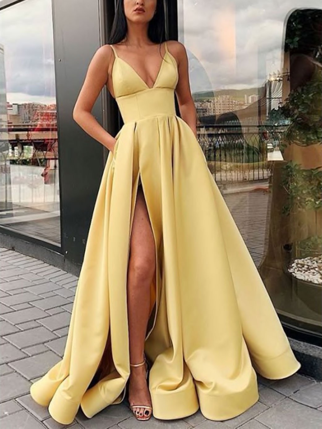 Simple A Line V Neck Satin Long Prom Dress Satin Prom Dresses