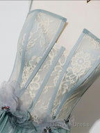 Green A Line Tulle Lace Long Prom Dresses, Green Tulle Formal Dresses