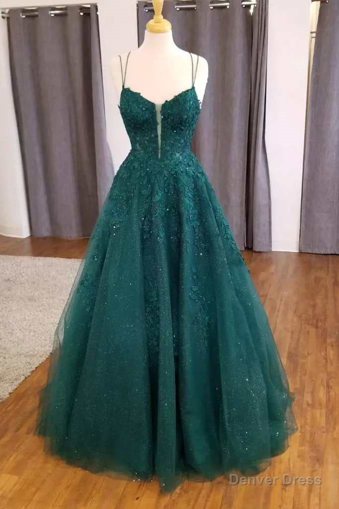 Hunter Green Floral Appliques Straps A-Line Prom Dress Main image