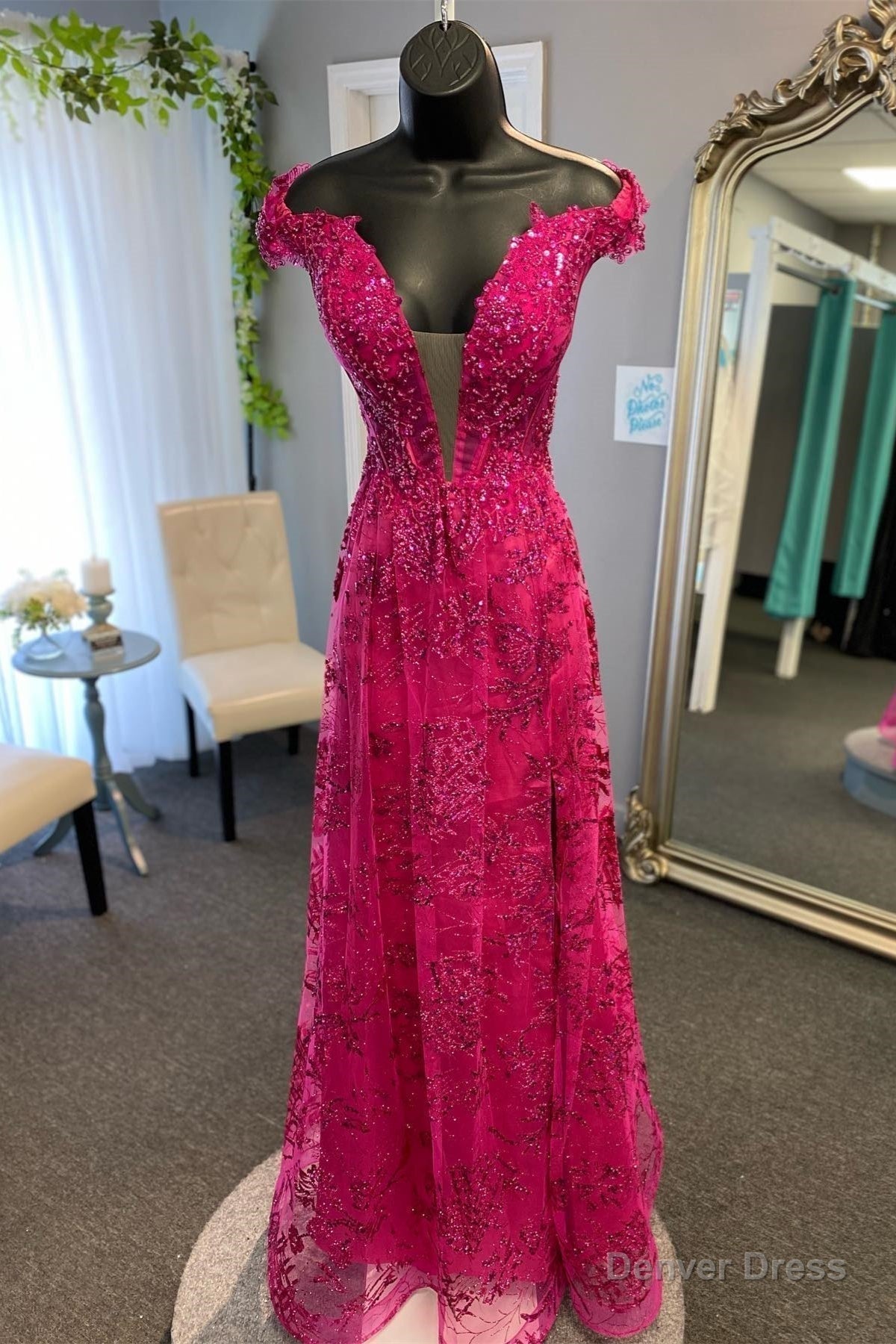 Fuchsia Off the Shoukder Floral A Line Long Prom Dresses Main image