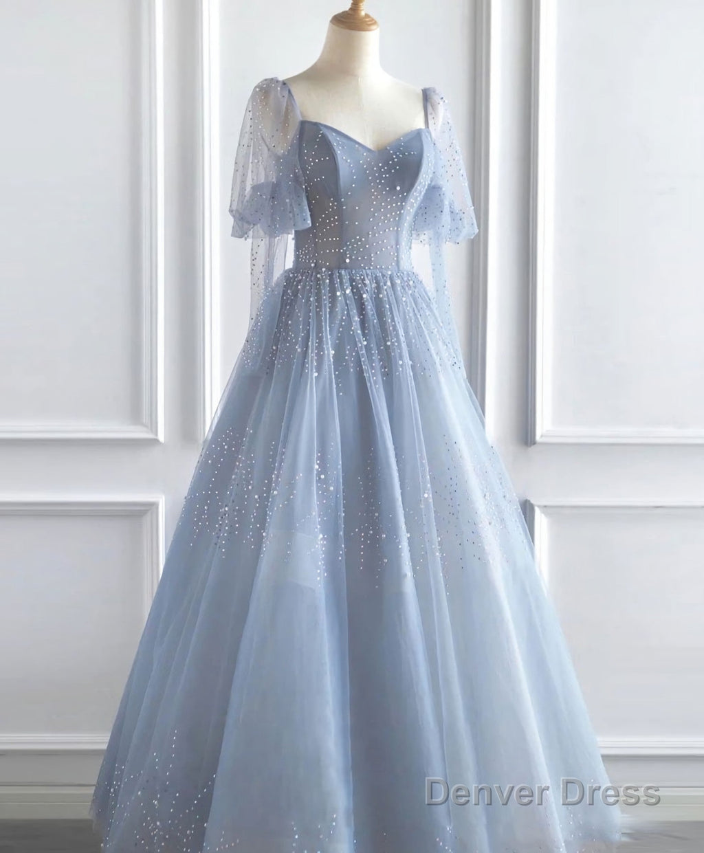 Blue V Neck Tulle Sequin Long Prom Dress, Blue Tulle Prom Dresses, 1
