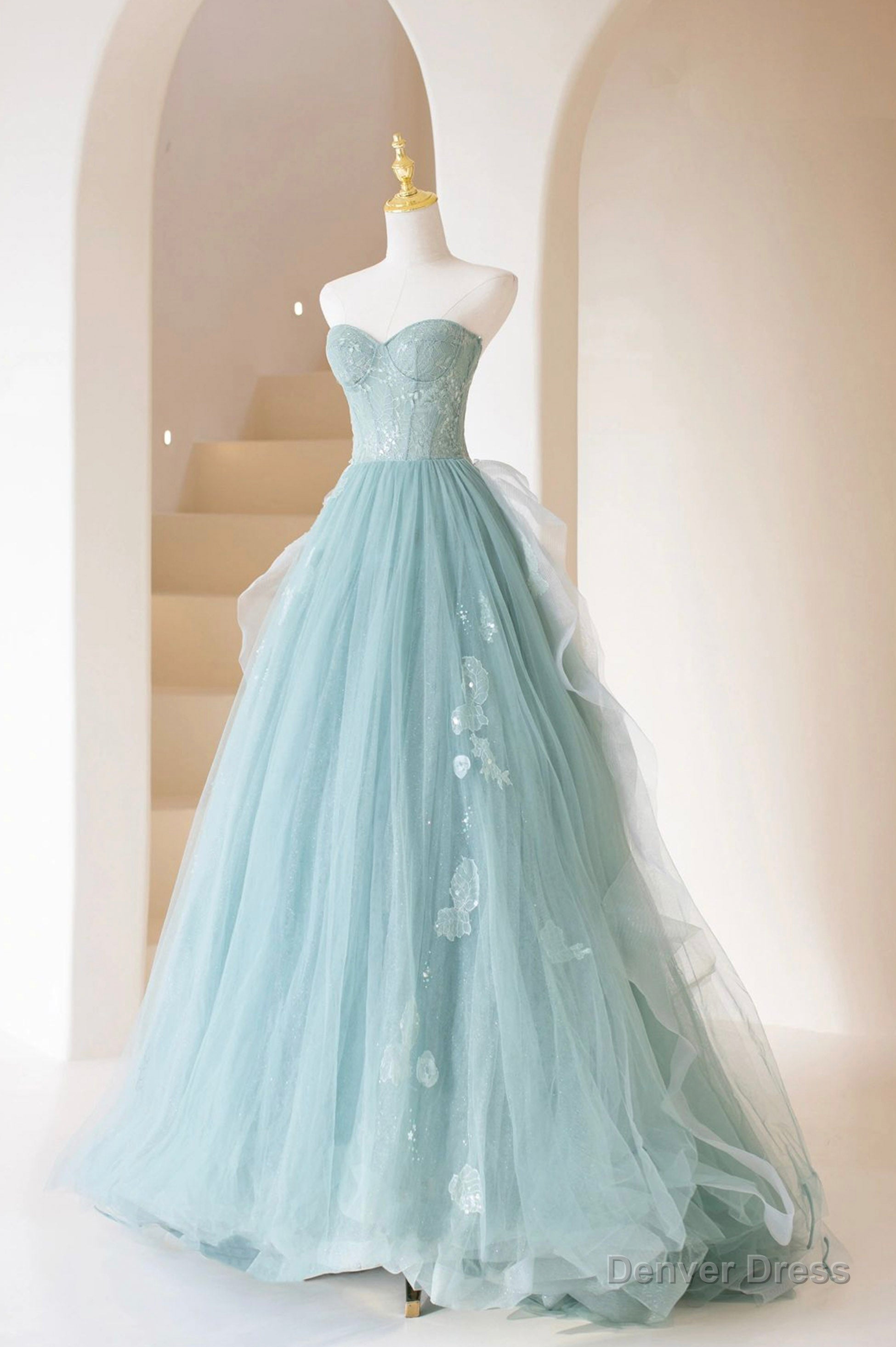 Cute Tulle Strapless Long Prom Dress, A-Line Lace Formal Evening Dress Main image