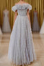 Gray Tulle A Line Off the Shoulder Prom Dress Long Prom Dresses