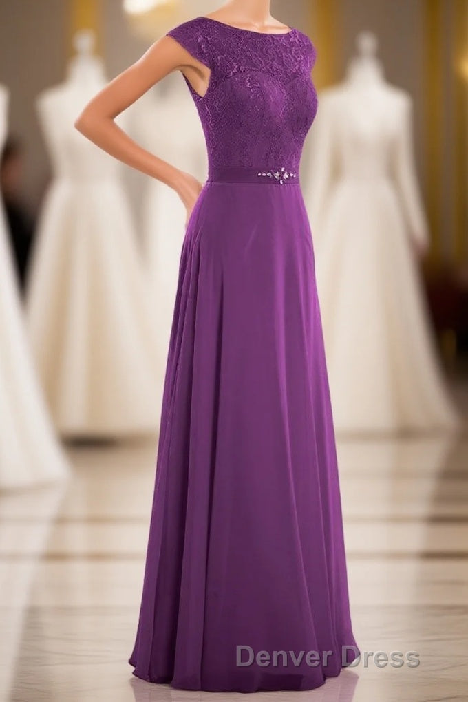Elegant Purple Lace Cap Sleeve A Line Long Bridesmaid Dresses Main image