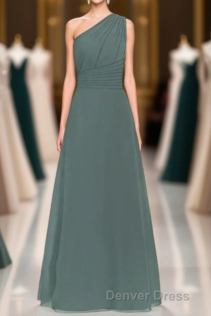 Dark Sage Green Chiffon One Shoulder Long Bridesmaid Dresses