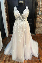 Ivory Appliques V Neck Backless A Line Long Wedding Dresses