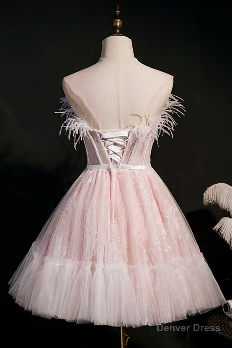 Pink Feather Strapless A Line Short Homecoming Dresses Secondary image