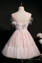 Pink Feather Strapless A Line Short Homecoming Dresses