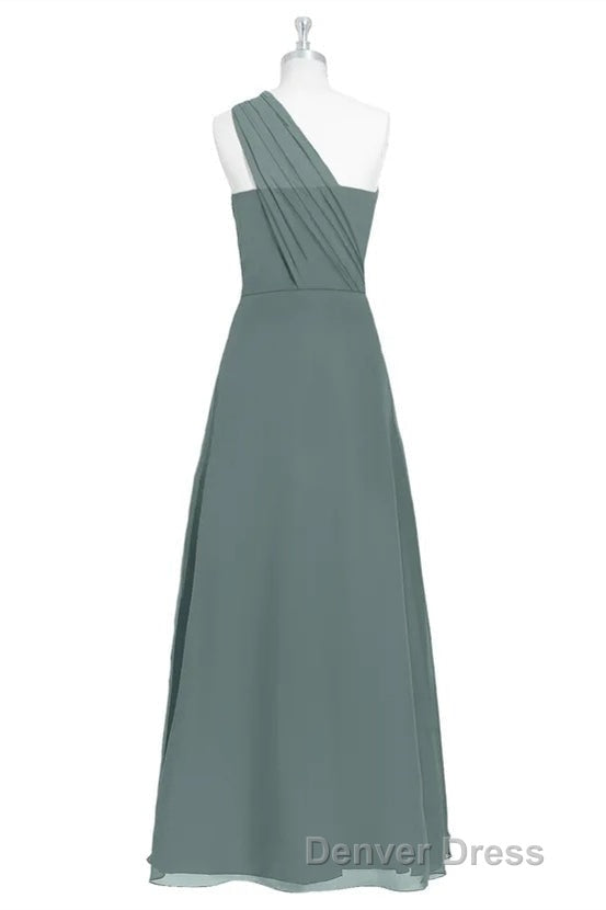 Dark Sage Green Chiffon One-Shoulder Long Bridesmaid Dresses