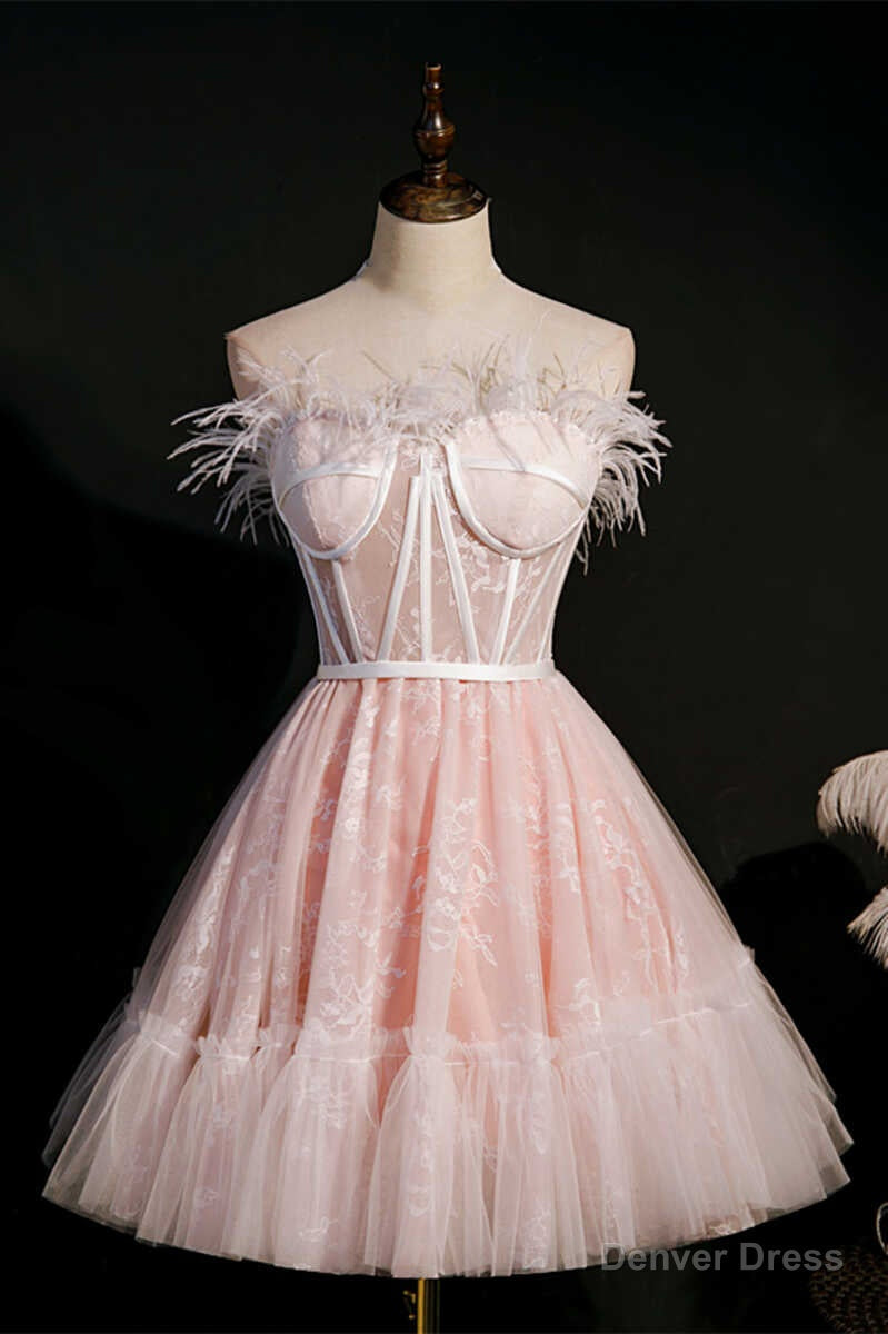 Pink Feather Strapless A Line Short Homecoming Dresses