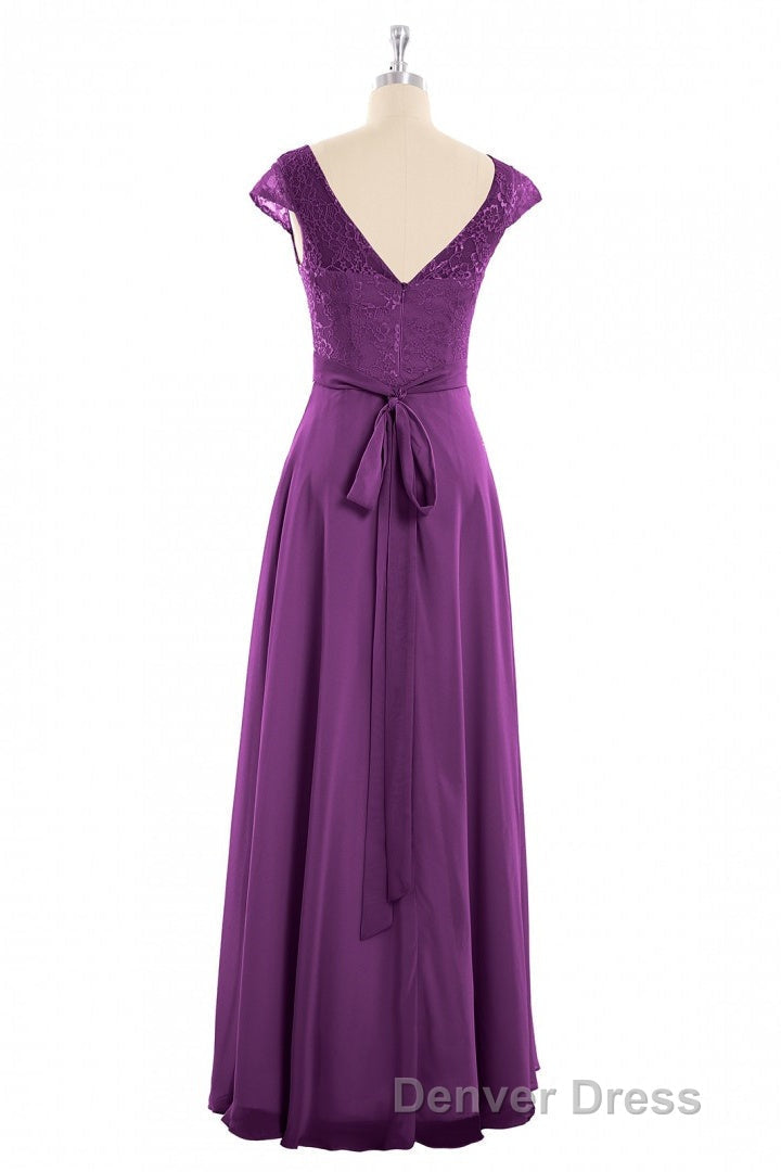 Elegant Purple Lace Cap Sleeve A Line Long Bridesmaid Dresses