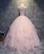 Pink Round Neck Tulle Lace Long Prom Dress, Lace Prom Dresses