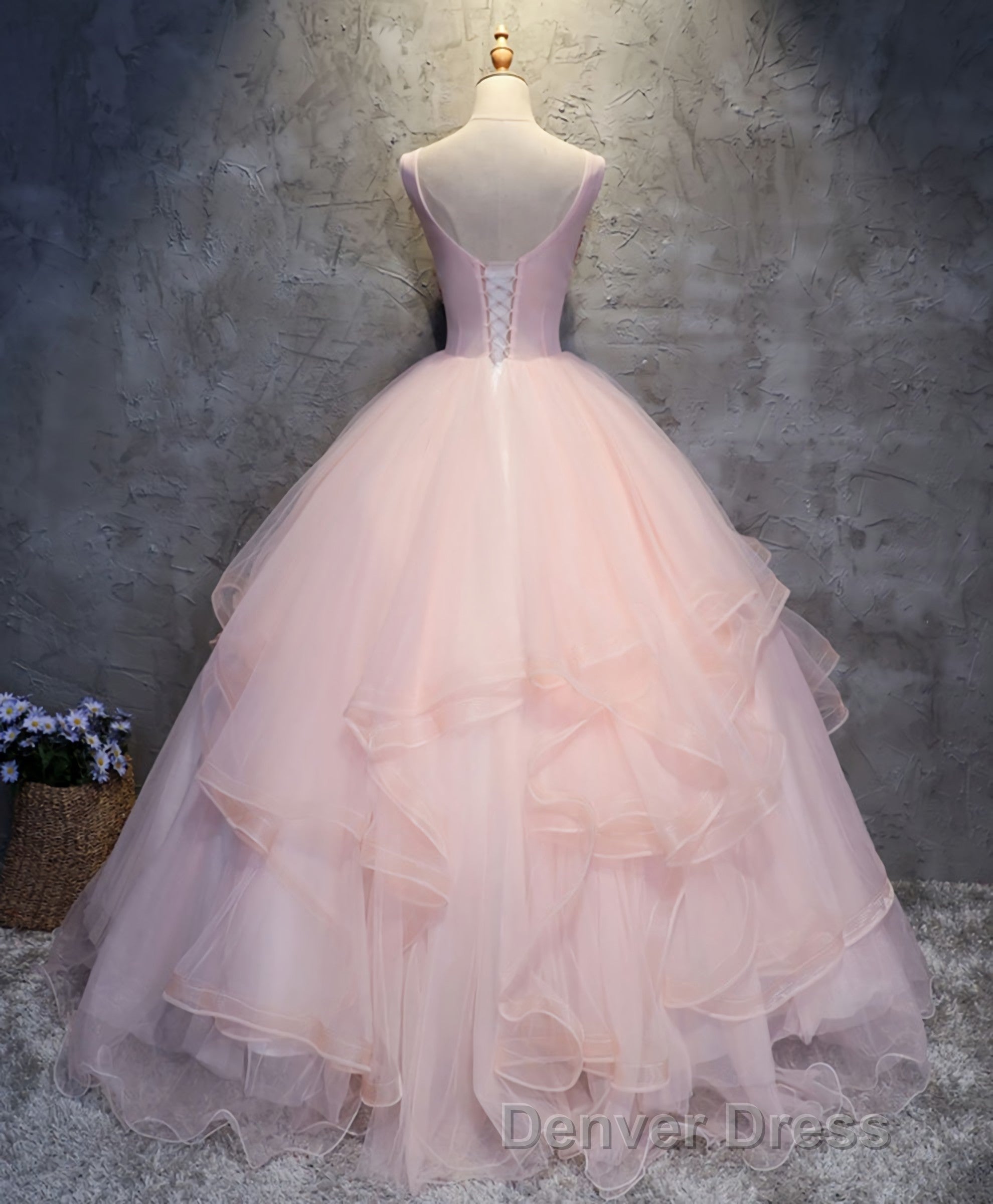 Pink Round Neck Tulle Lace Long Prom Dress, Lace Prom Dresses