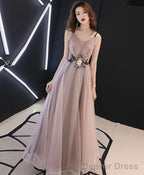 Champagne V Neck Tulle Long Prom Dress