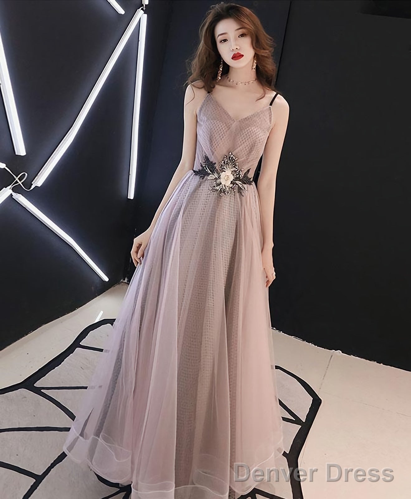 Champagne V Neck Tulle Long Prom Dress