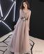 Champagne V Neck Tulle Long Prom Dress