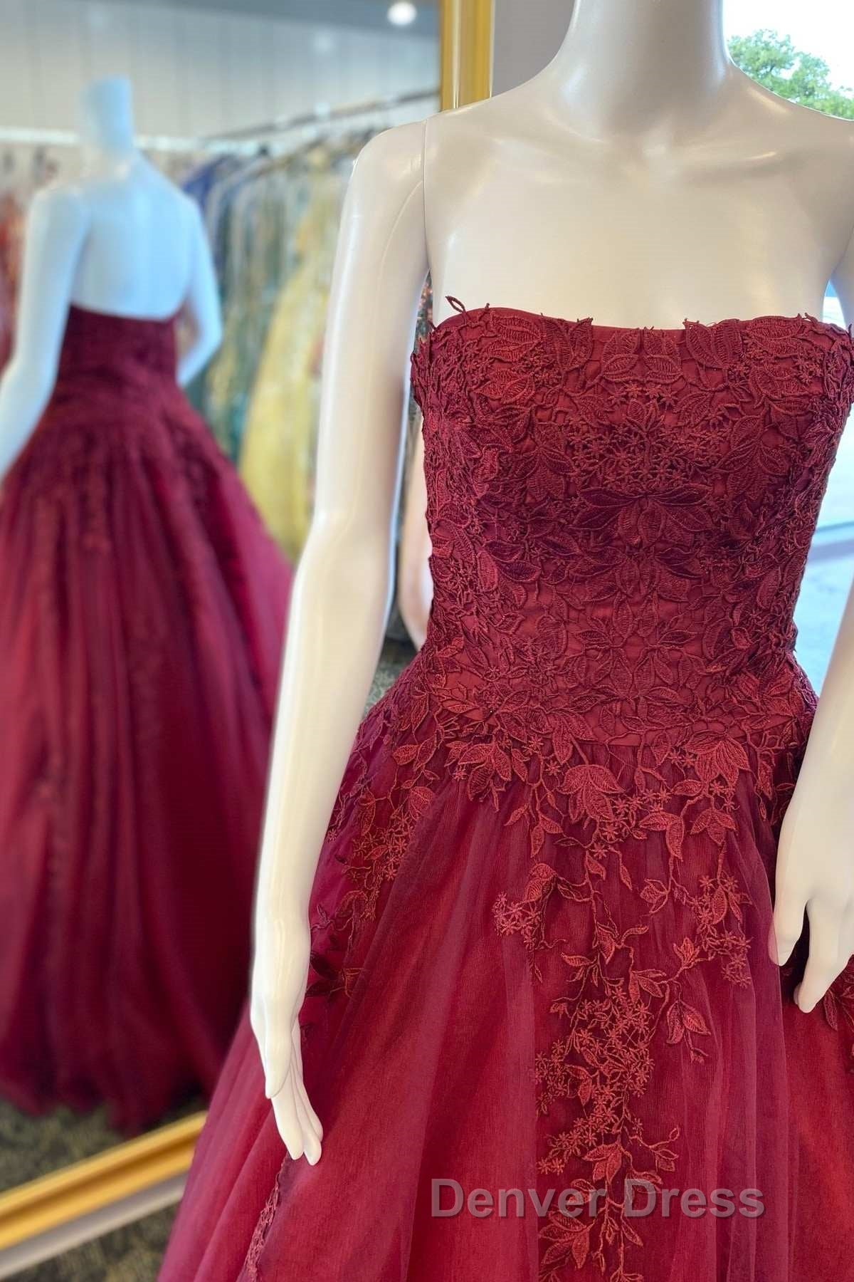 Wine Red Floral Lace Strapless A-Line Prom Dresses Secondary image