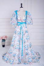 Blue and White Floral Bow Tie Straps A Line Long Prom Dresses with Slit