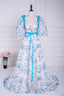 Blue and White Floral Bow Tie Straps A Line Long Prom Dresses with Slit