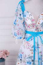 Blue and White Floral Bow Tie Straps A-line Long Prom Dresses with Slit