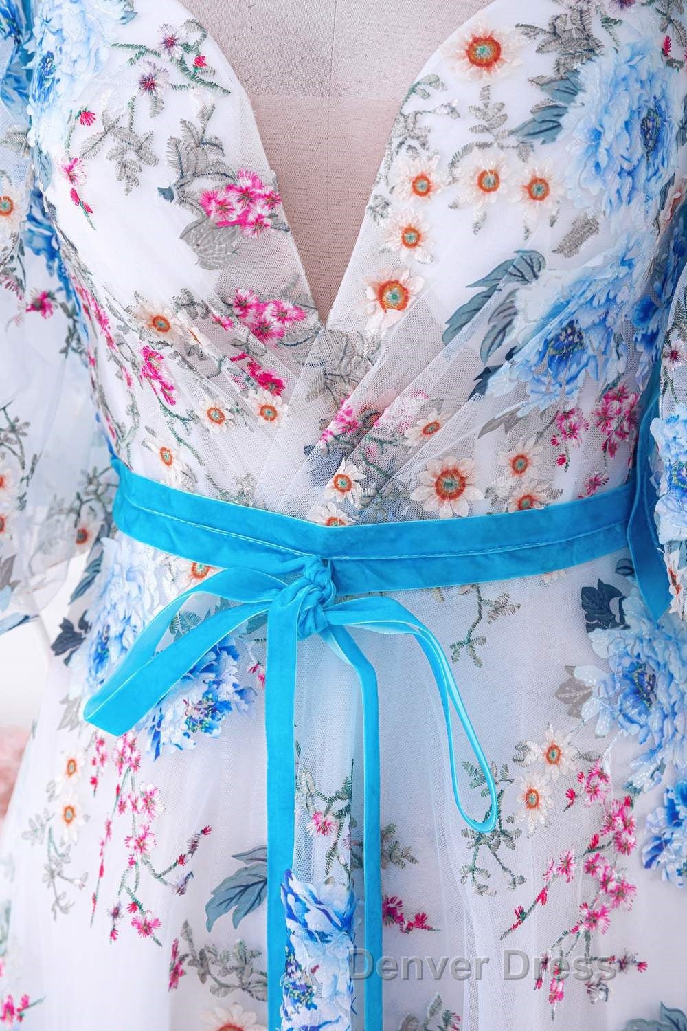 Blue and White Floral Bow Tie Straps A-line Long Prom Dresses with Slit