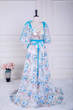 Blue and White Floral Bow Tie Straps A-line Long Prom Dresses with Slit