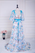 Blue and White Floral Bow Tie Straps A Line Long Prom Dresses with Slit