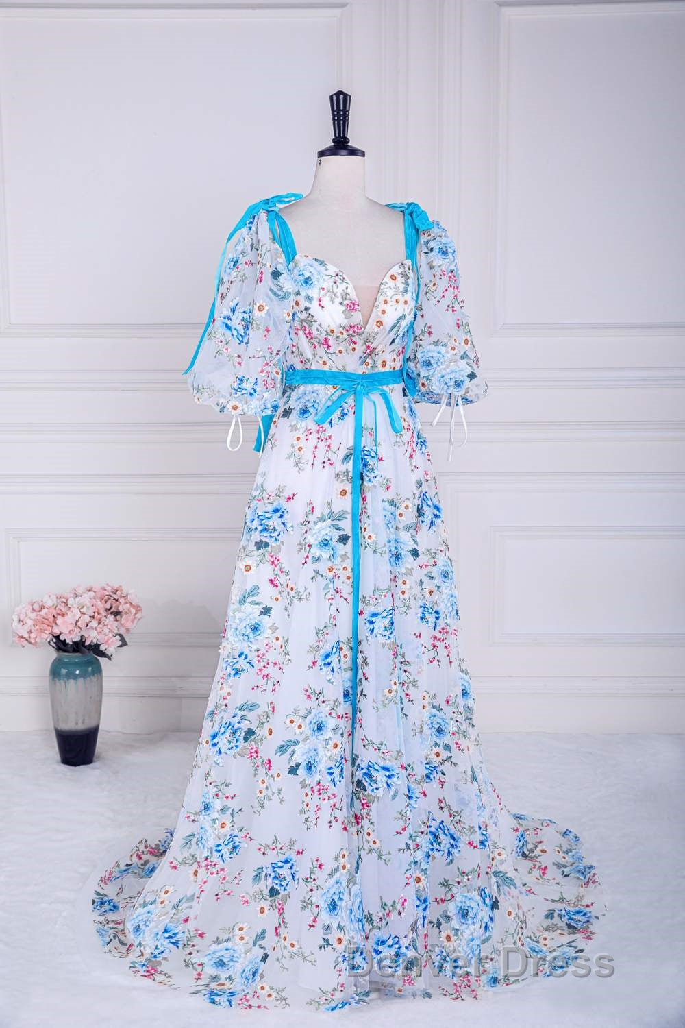Blue and White Floral Bow Tie Straps A Line Long Prom Dresses with Slit