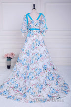 Blue and White Floral Bow Tie Straps A-line Long Prom Dresses with Slit