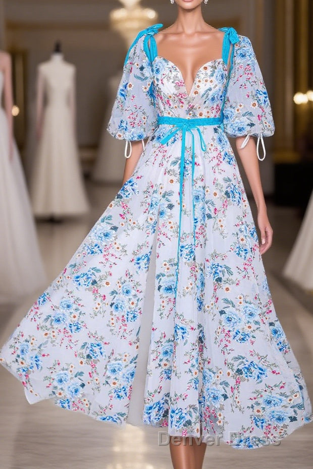 Blue and White Floral Bow Tie Straps A-line Long Prom Dresses with Slit