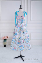 Blue and White Floral Bow Tie Straps A-line Tea-Length Prom Dresses